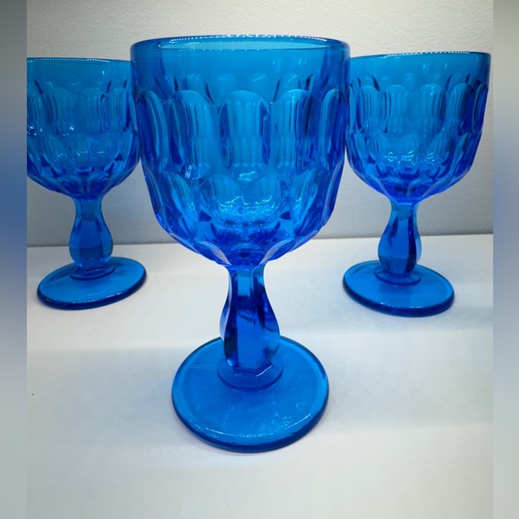 4x Fenton Colonial Blue Thumbprint 4 oz. Wine Juice Water Glasses Goblet 5" Tall - Picture 2 of 7
